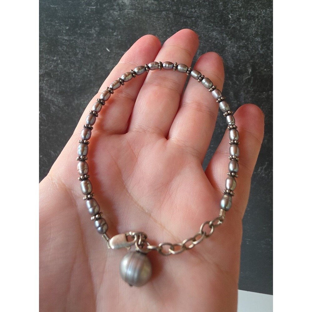925 Sterling Silver Pearl Beaded Adjustable Bracelet Vintage